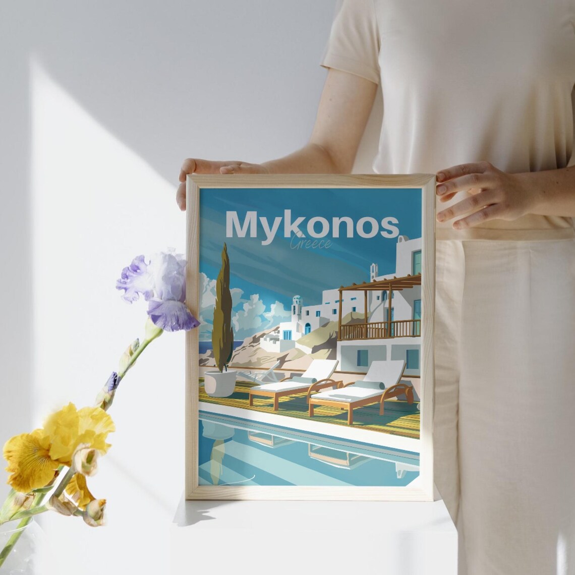 Mykonos Greece Poolside Loungers Whitewashed Houses Travel Poster - Image 2