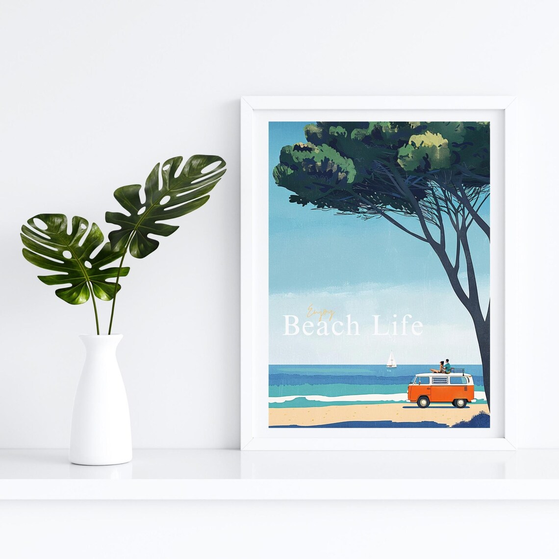 Vintage Orange Camper Van Under Coastal Pines Beach Escape Poster - Image 4