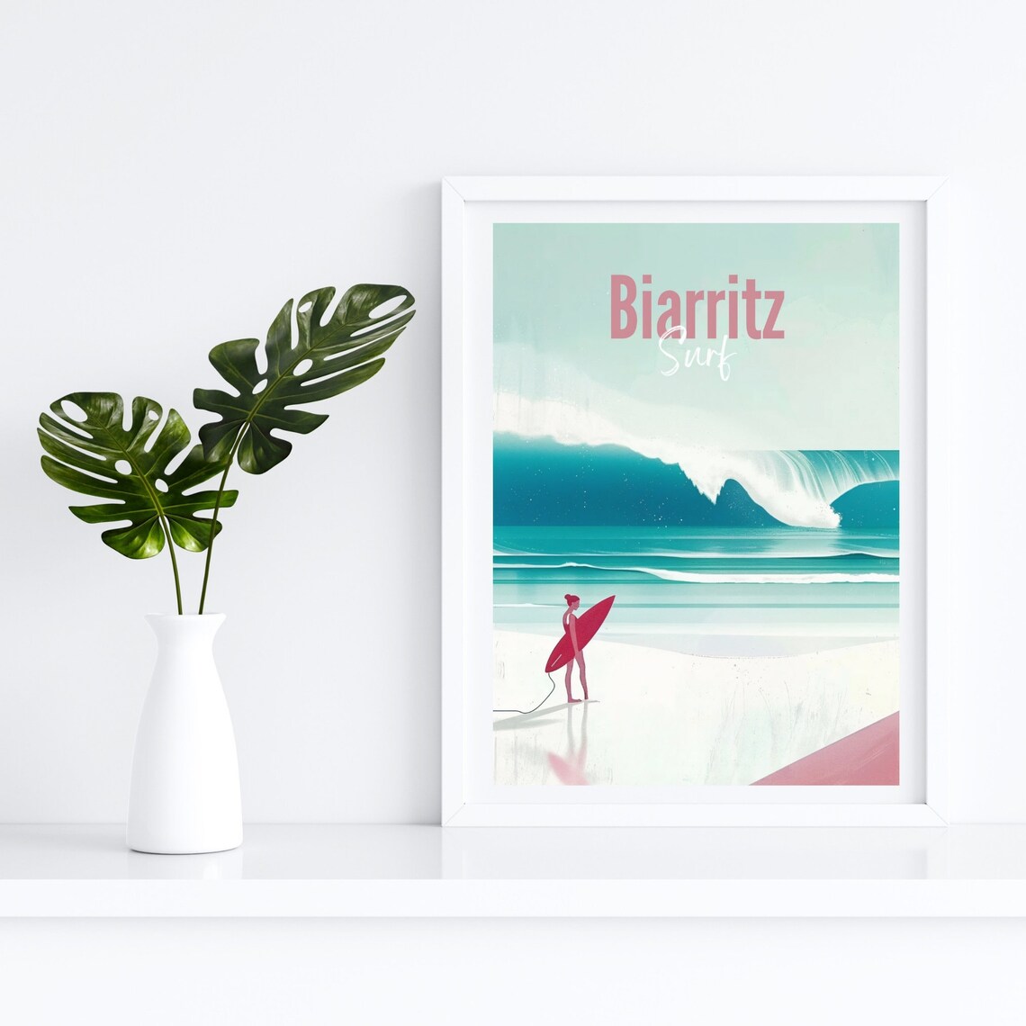Biarritz France Surfer Girl With Red Board Big Ocean Wave Poster - Image 4