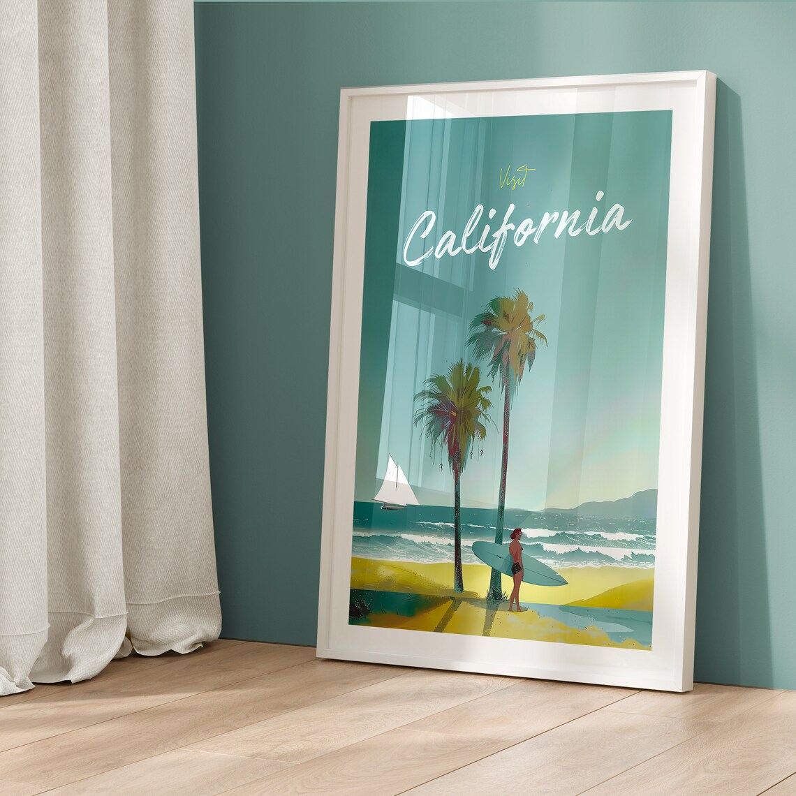 Visit California Vintage Surf Beach Palms Sailboat Travel Poster - Image 5