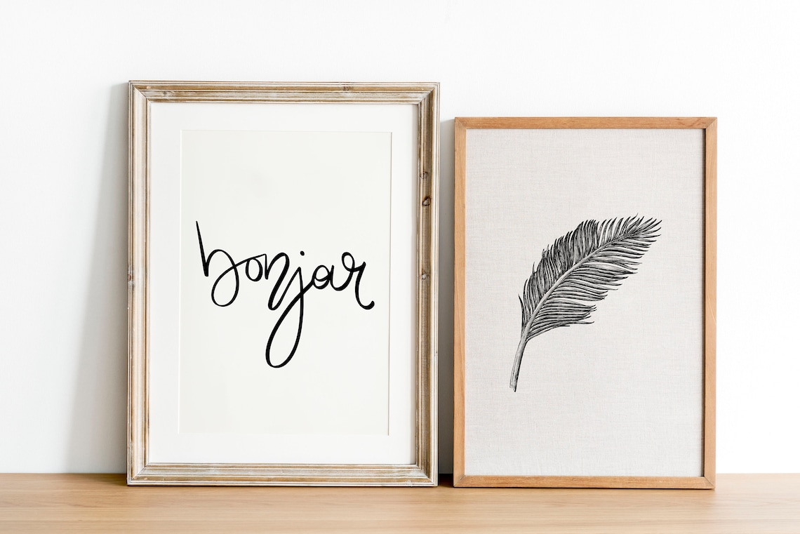 Bonjour French Script Typography Minimalist Black White Wall Art Poster - Image 3