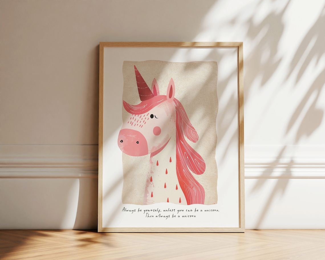 Pink Unicorn Nursery Print Always Be Yourself Quote Kids Room Wall Art Poster