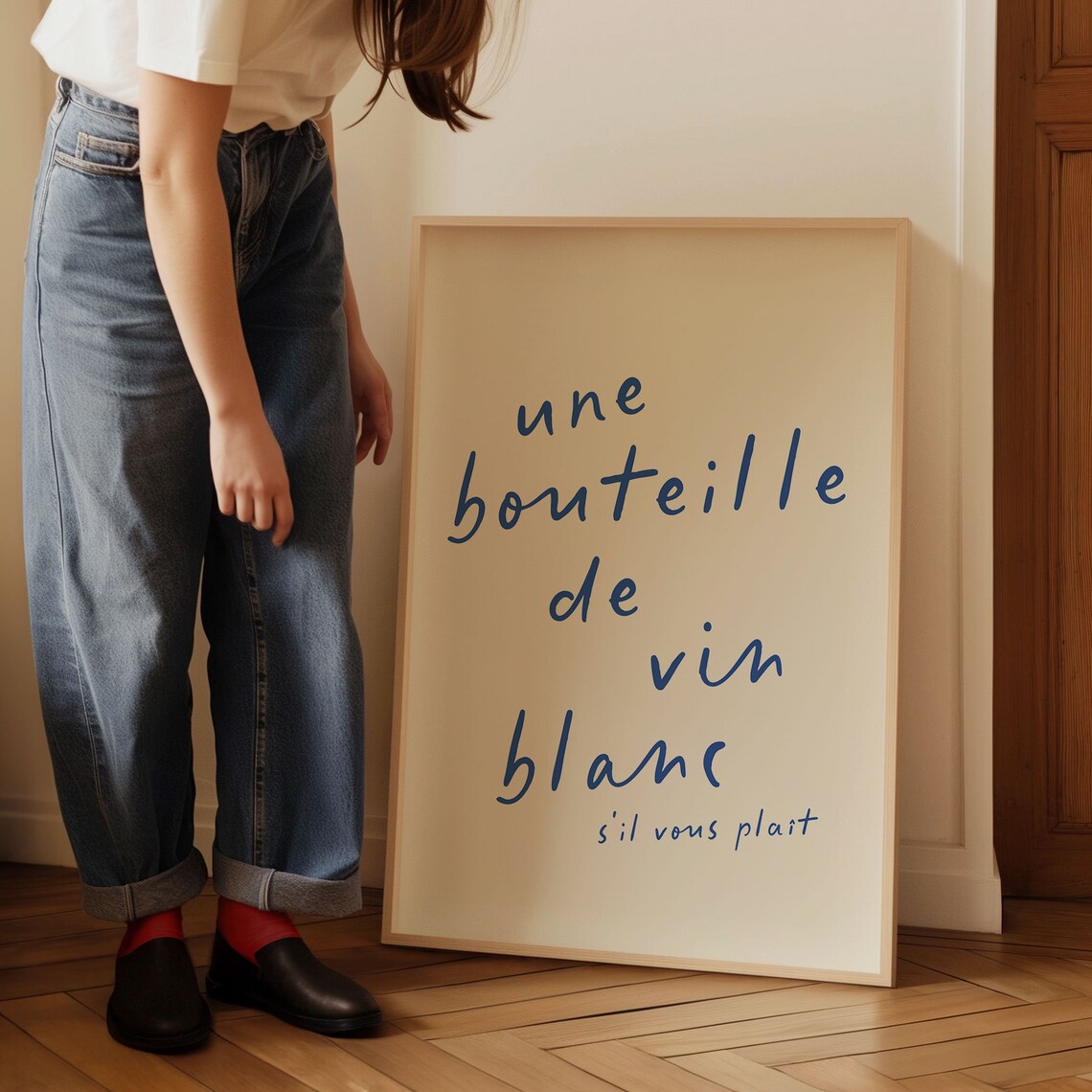 Une Bouteille De Vin Blanc French Wine Quote Print Blue Script Bar Decor - Image 3