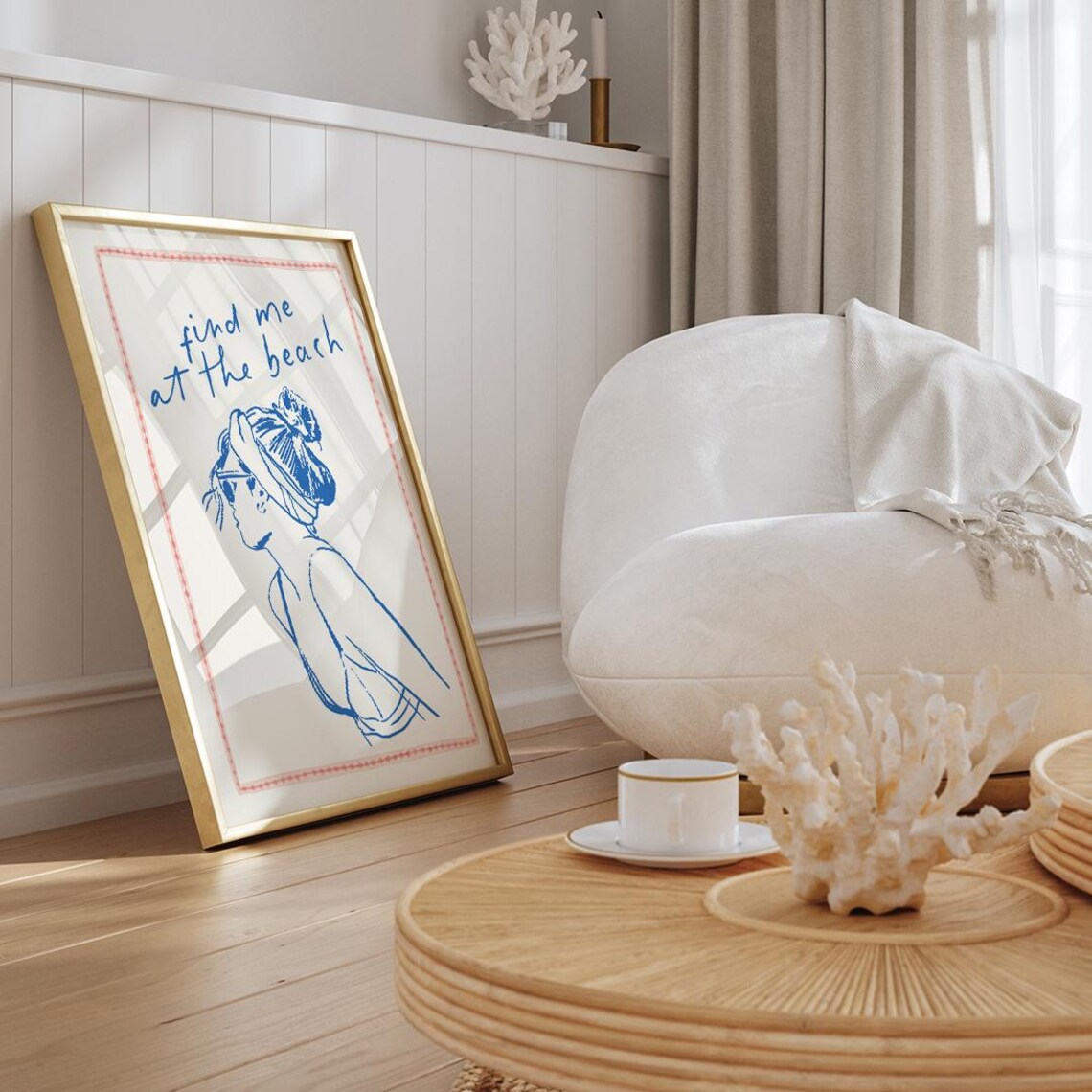 Find Me At The Beach Blue Sketch Coastal Woman Beach House Poster - Image 2