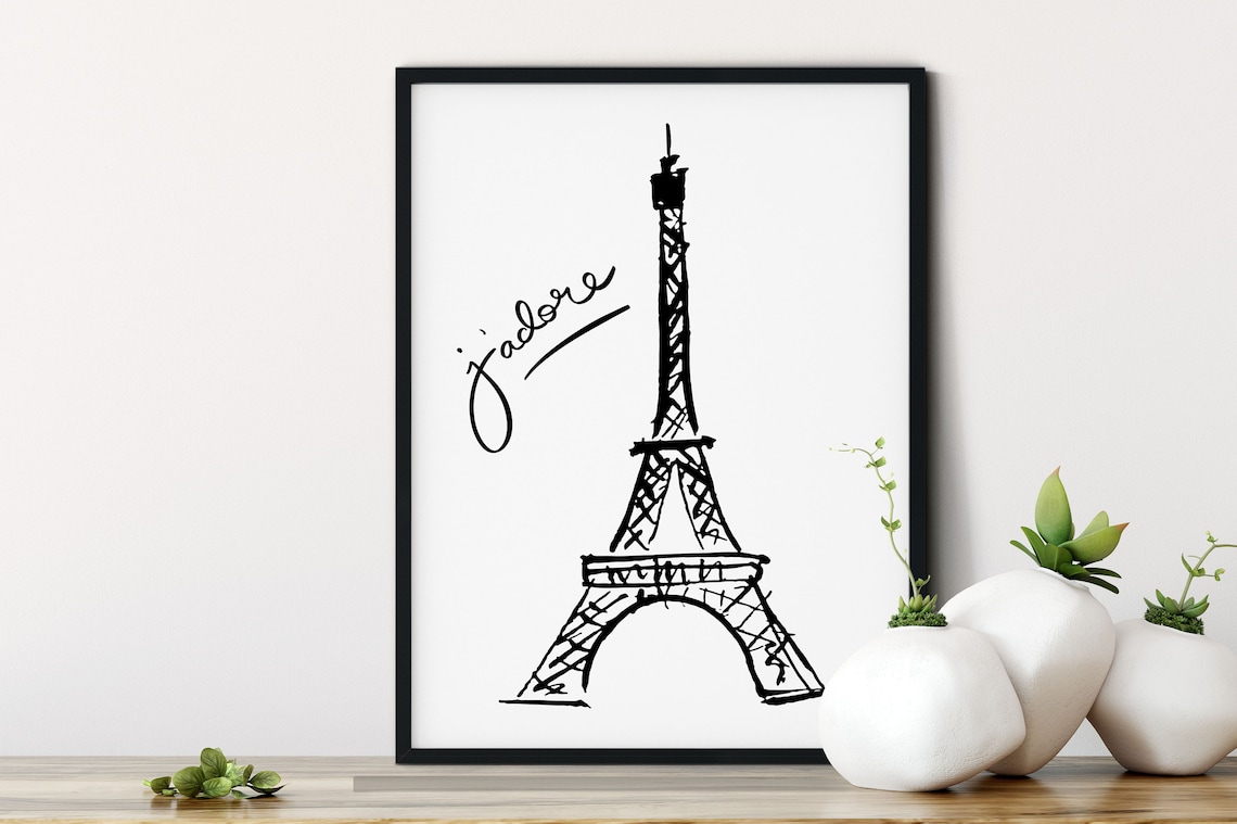 Eiffel Tower Paris Sketch Jadore Black White French Wall Art Poster