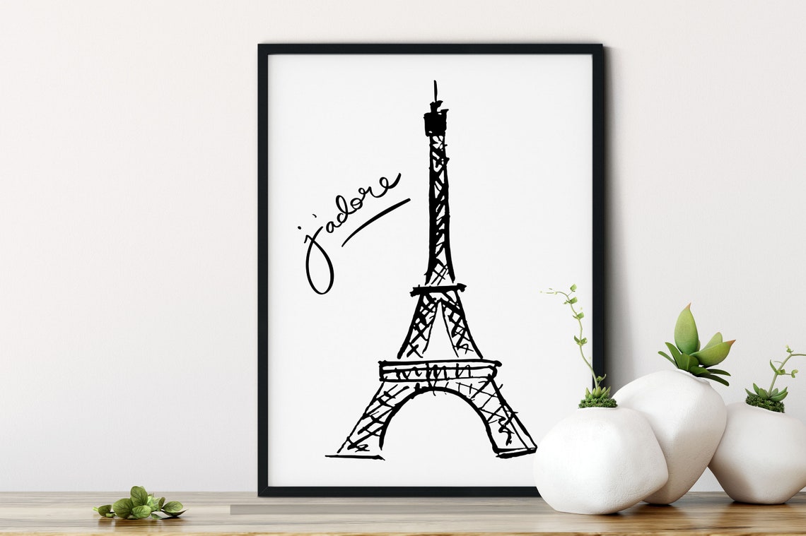 Paris Eiffel Tower J'adore Hand Drawn Sketch Minimalist Travel Poster