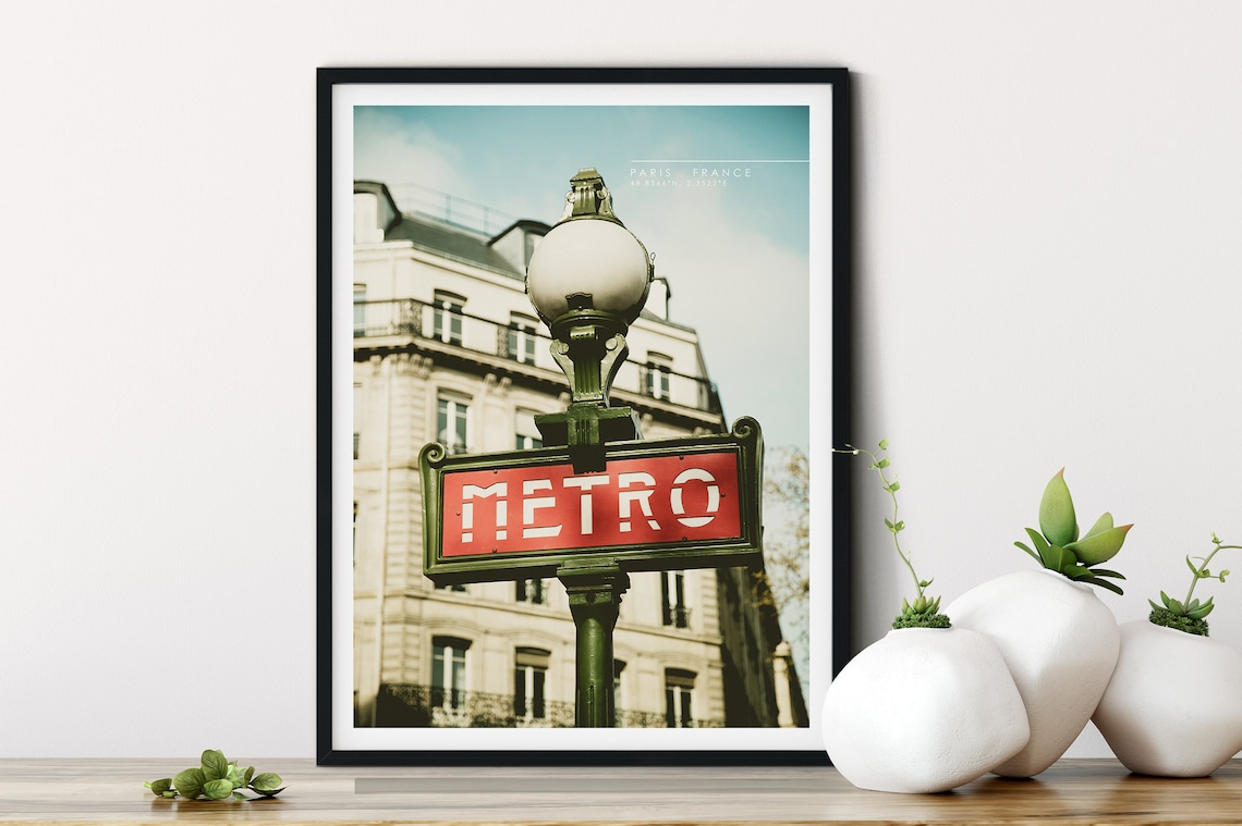 Paris Metro Sign Vintage Red Lettering Art Nouveau Travel Poster