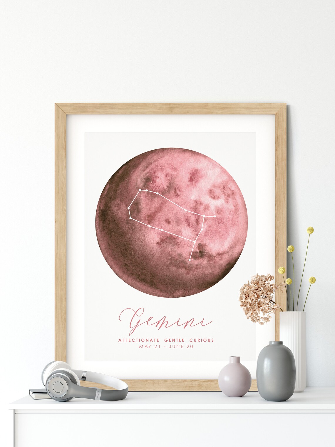 Gemini Zodiac Pink Watercolor Moon Constellation Horoscope Art Poster - Image 3