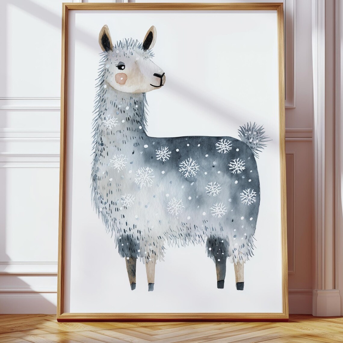 Watercolor Llama With Snowflakes Winter Nursery Animal Art Poster