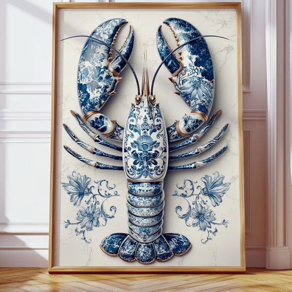 Blue White Chinoiserie Lobster Art Print Delft Coastal Decor Grandmillennial Kitchen Classic Hamptons Style Wall