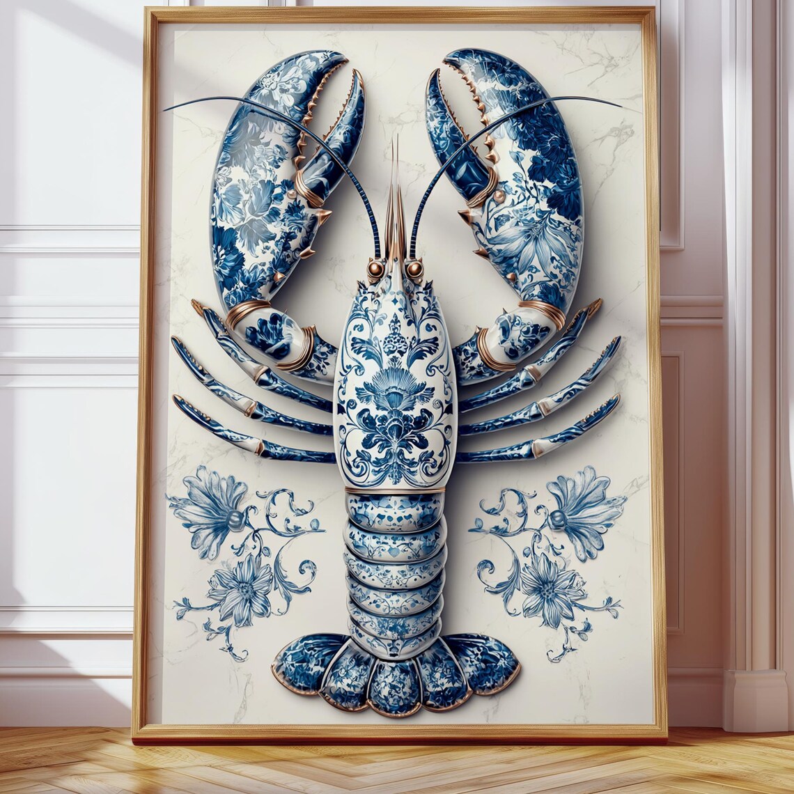 Blue And White Chinoiserie Lobster Delft Coastal Decor Poster