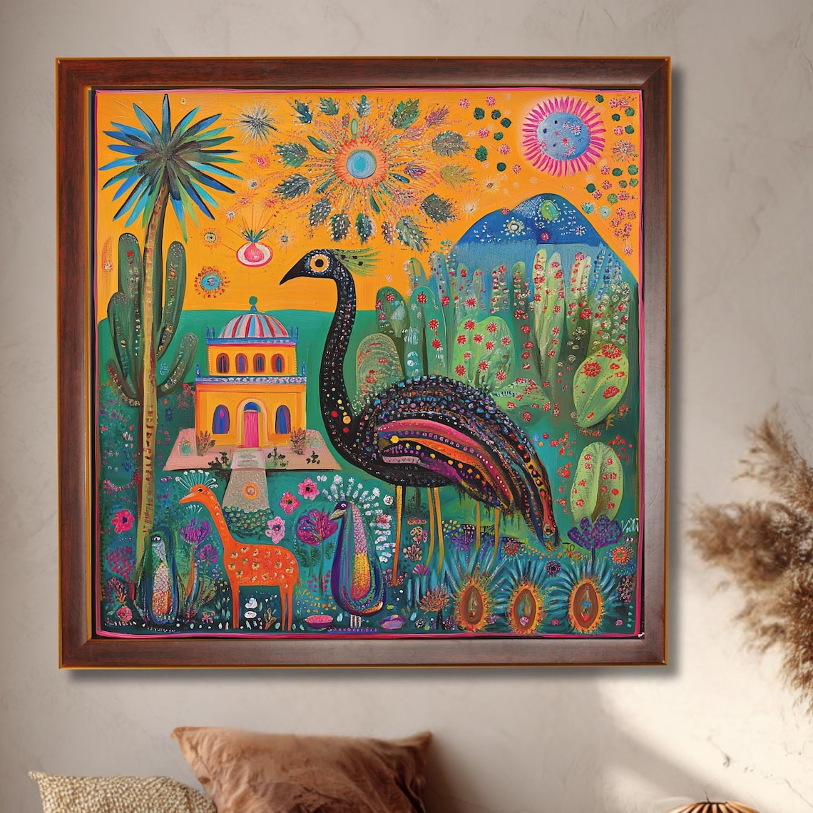 Mexican Folk Art Bird Garden Vibrant Cactus Botanical Wall Poster