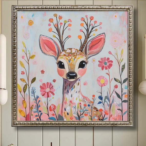 Whimsical Nursery Print Wall Art Colorful Boho Decor Floral Deer Painting Multicolor Safari Girls Room