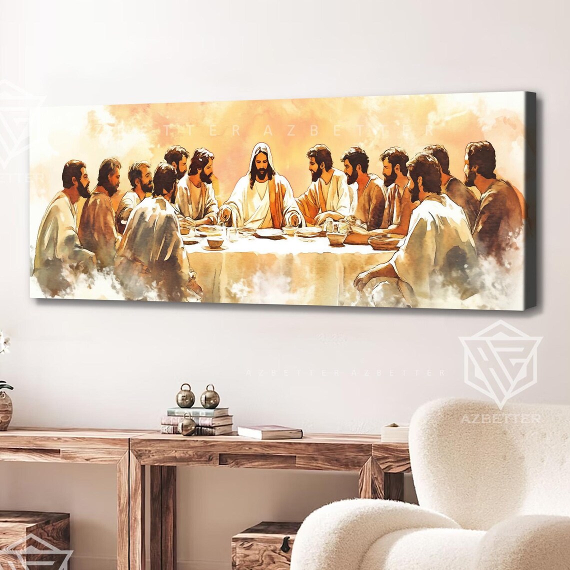 The Last Supper Jesus And Apostles Golden Watercolor Canvas Poster