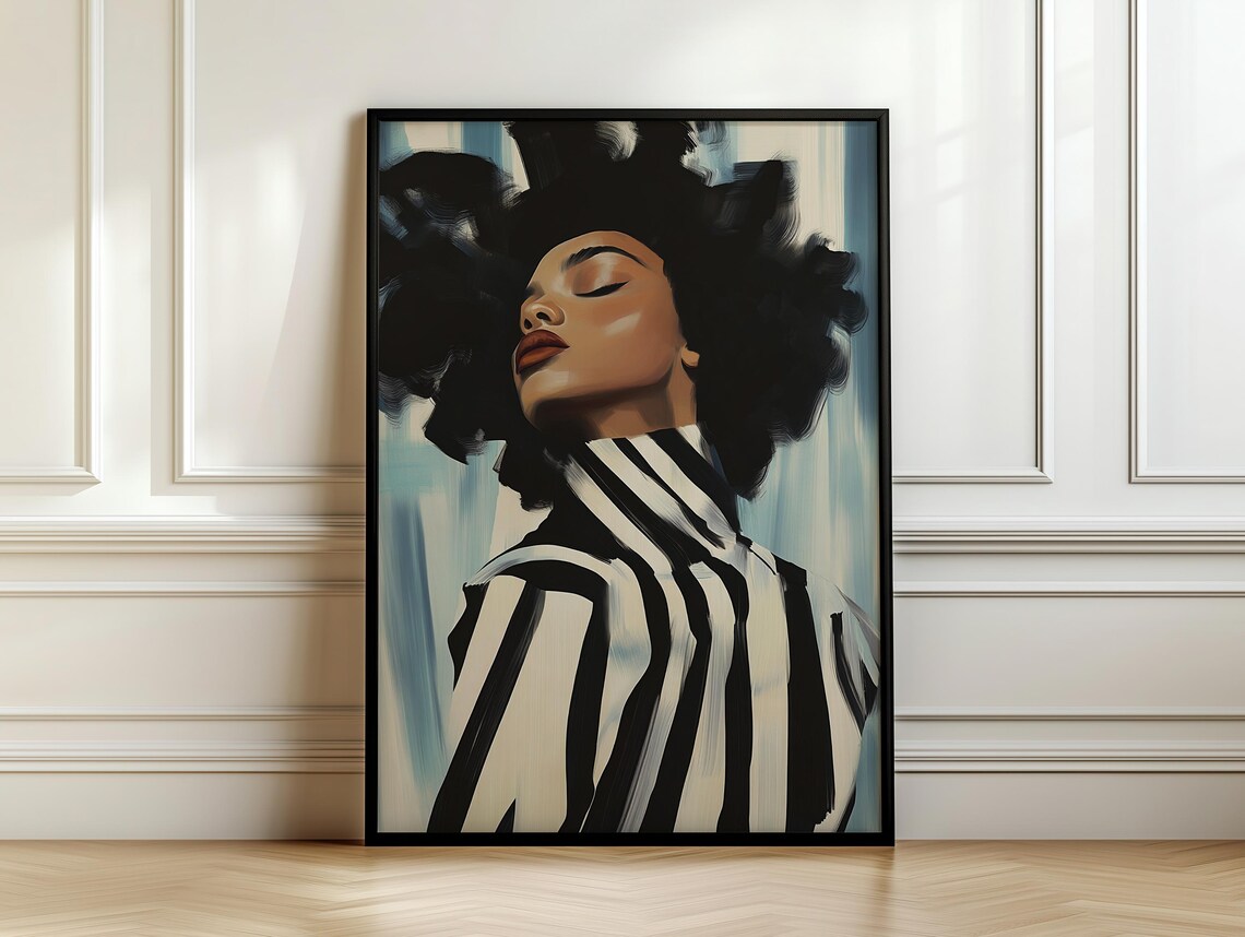 Abstract Afro Woman Portrait, Bold Striped Art Print