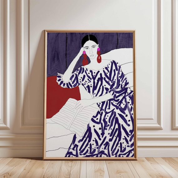 Bold Woman Portrait With Book Minimalist Colorful Wall Art Purple Red Print Pink Accent Patterned Feminine