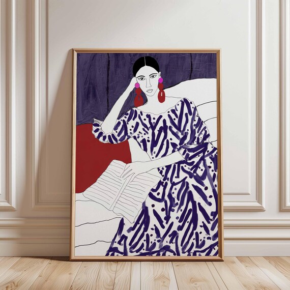 Woman Reading Book Minimalist Portrait Purple Red Dress Poster