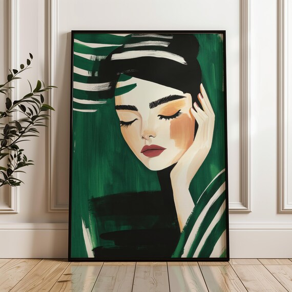 Emerald Green Striped Woman Portrait Modern Minimalist Poster