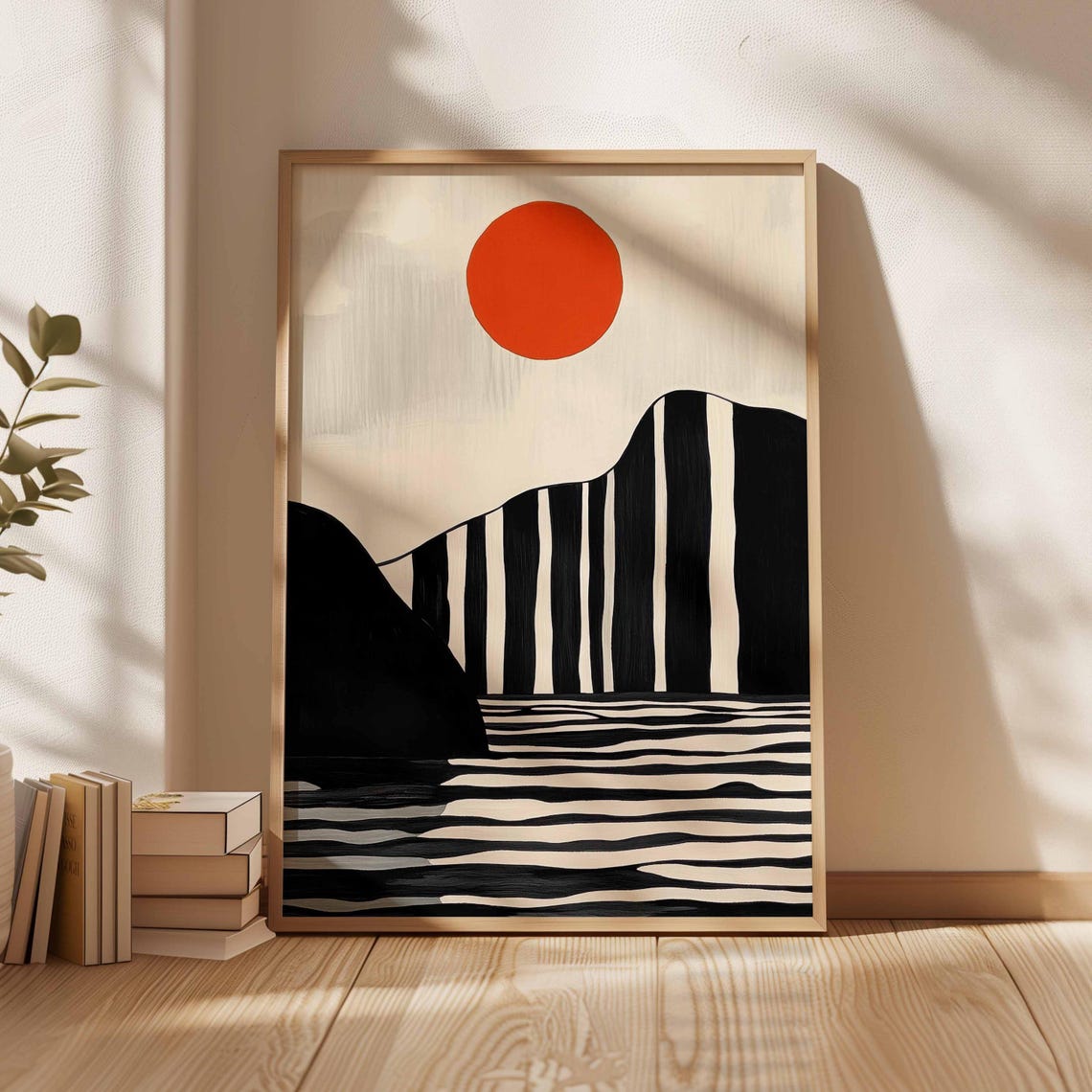 Minimalist Orange Sun Over Striped Black Mountains Landscape Poster