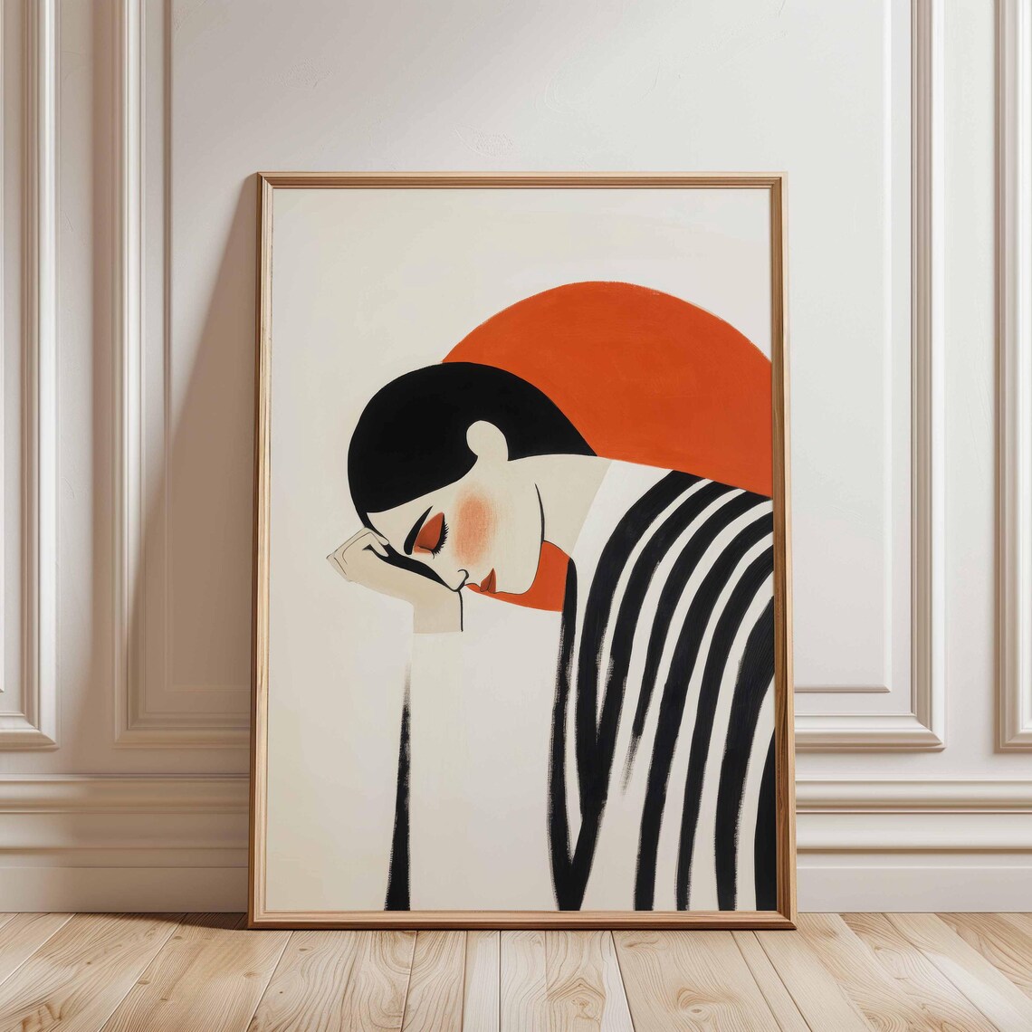 Minimalist Woman Portrait With Orange Sun Bold Black And White Wall Art Modern Abstract Striped