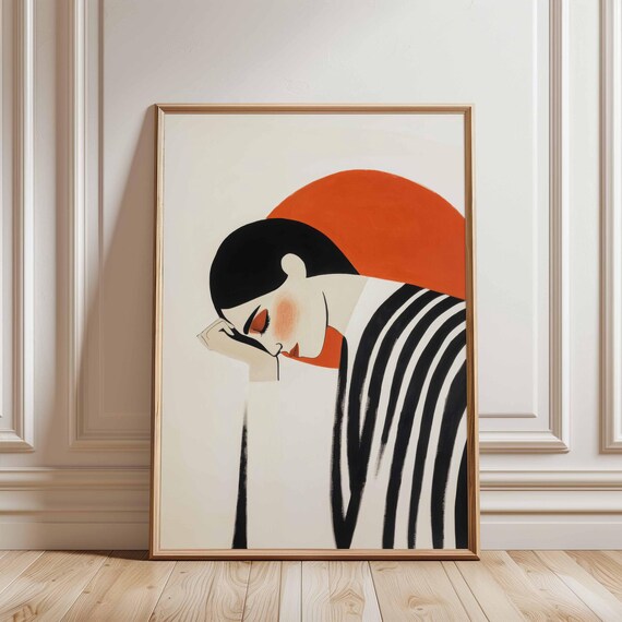 Minimalist Woman Portrait Orange Sun Black White Striped Abstract Print