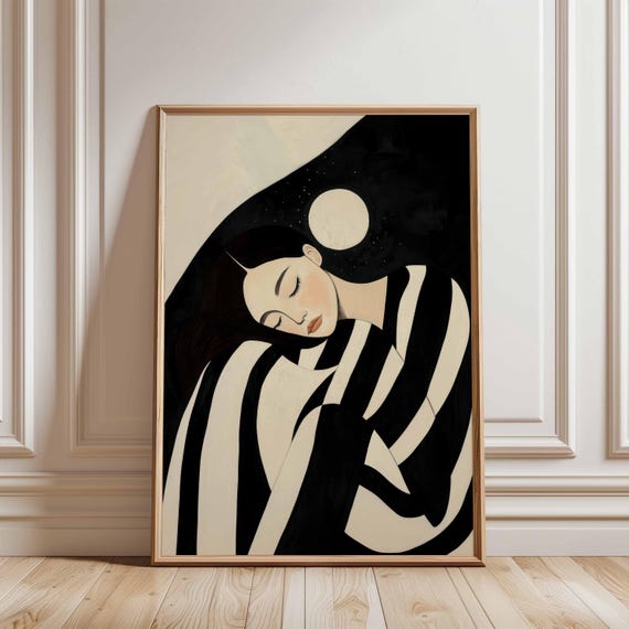 Sleeping Woman Under Moon Modern Minimalist Portrait Art Print