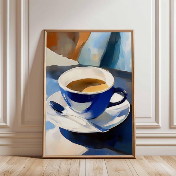 Vintage Style Blue Coffee Cup Painting Cozy Kitchen Wall Art Retro Breakfast Decor Artwork