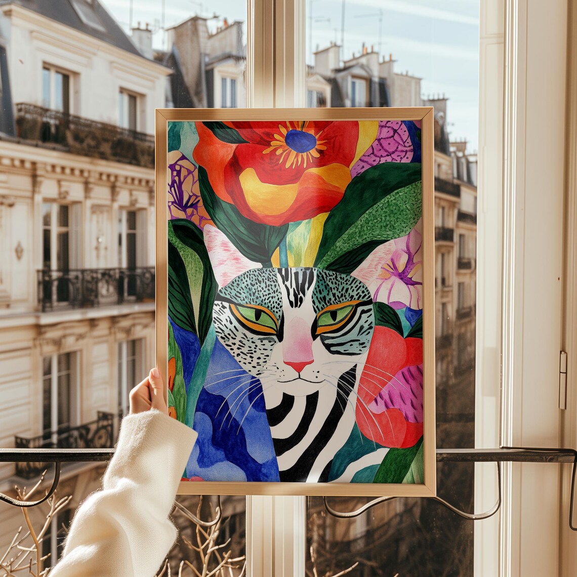 Tabby Cat Face Peeking Among Colorful Flowers Whimsical Art Poster - Image 2