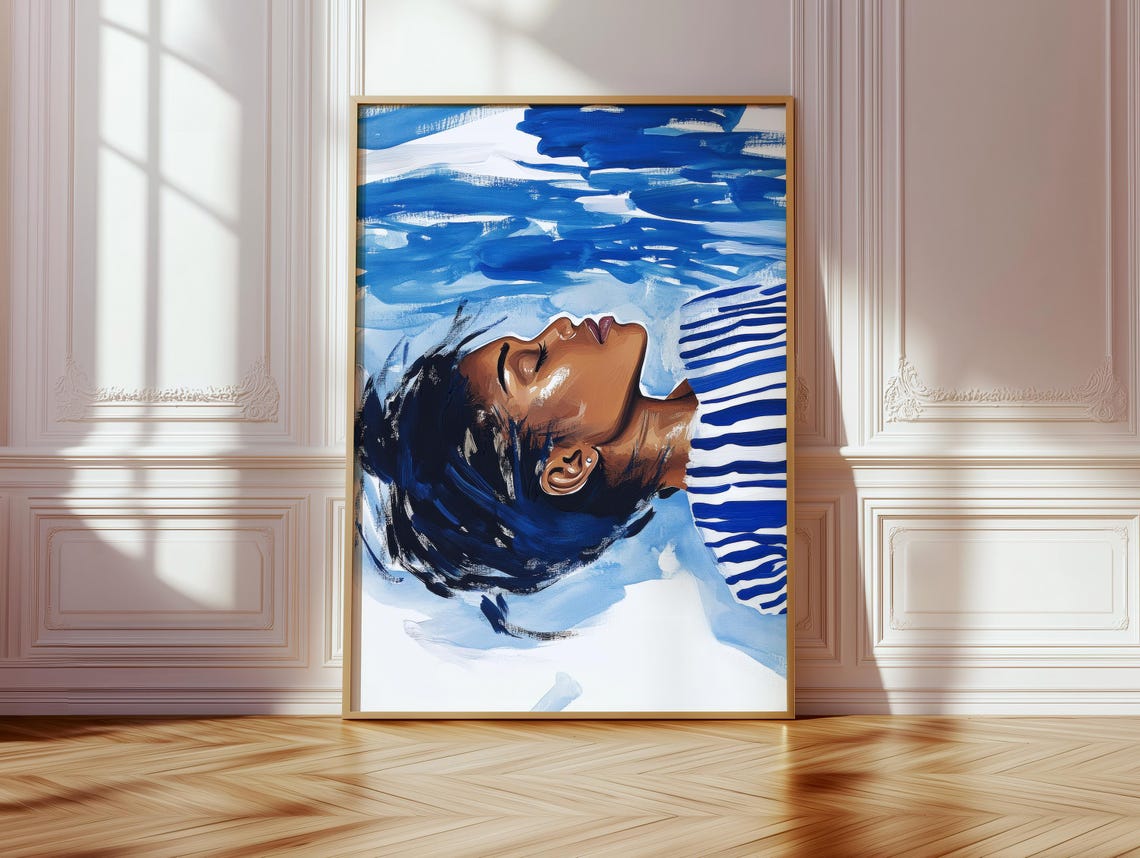 Floating Woman In Blue Waves Serene Coastal Dreamscape Poster
