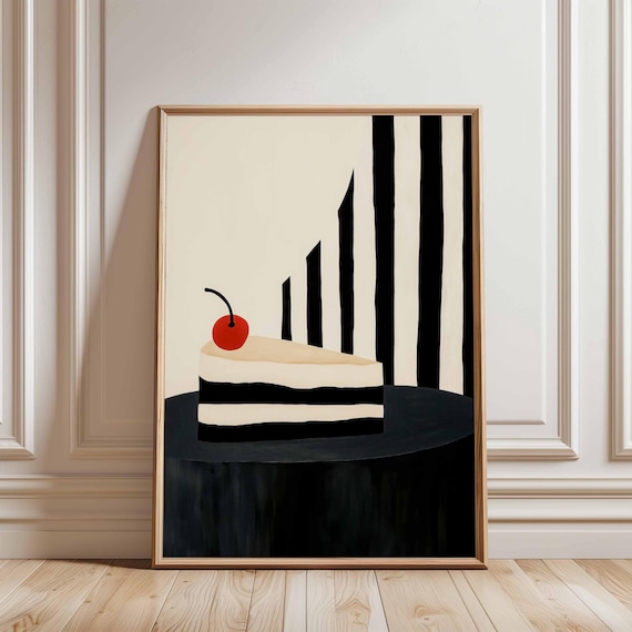 Cherry Cake Slice Bold Black Stripes Minimalist Kitchen Poster