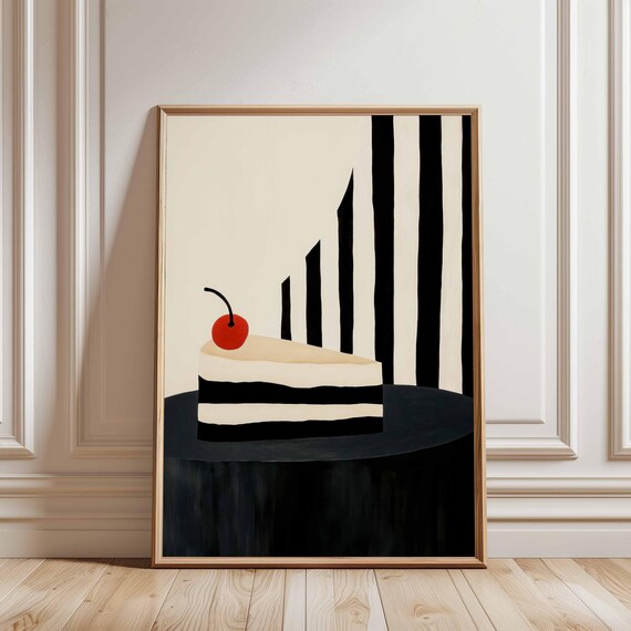 Cherry Cake With Stripes Modern Still Life Bold Minimalist Kitchen Wall Art Dessert Print