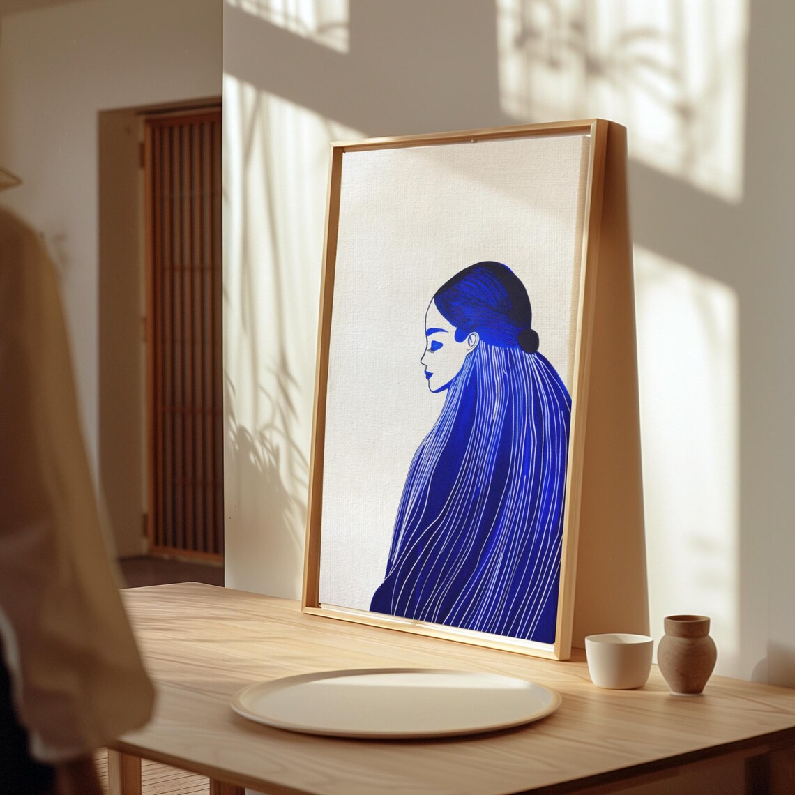 Cobalt Blue Woman Profile With Long Fine Lined Hair Art Poster - Image 3
