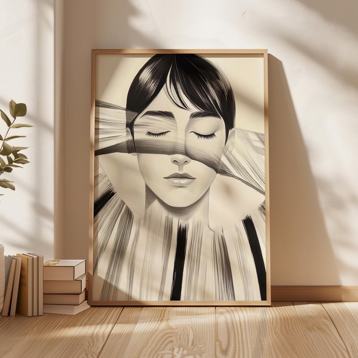 Dreamy Woman Behind Striped Veil Monochrome Fashion Art Poster
