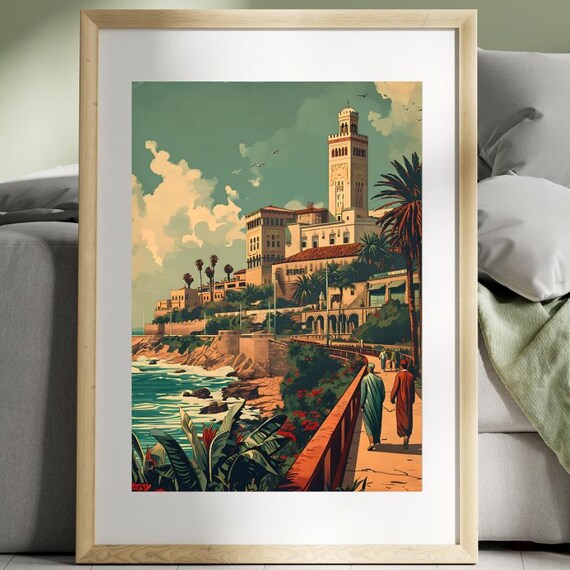 Casablanca Morocco Mosque Seaside Retro Vintage Travel Poster