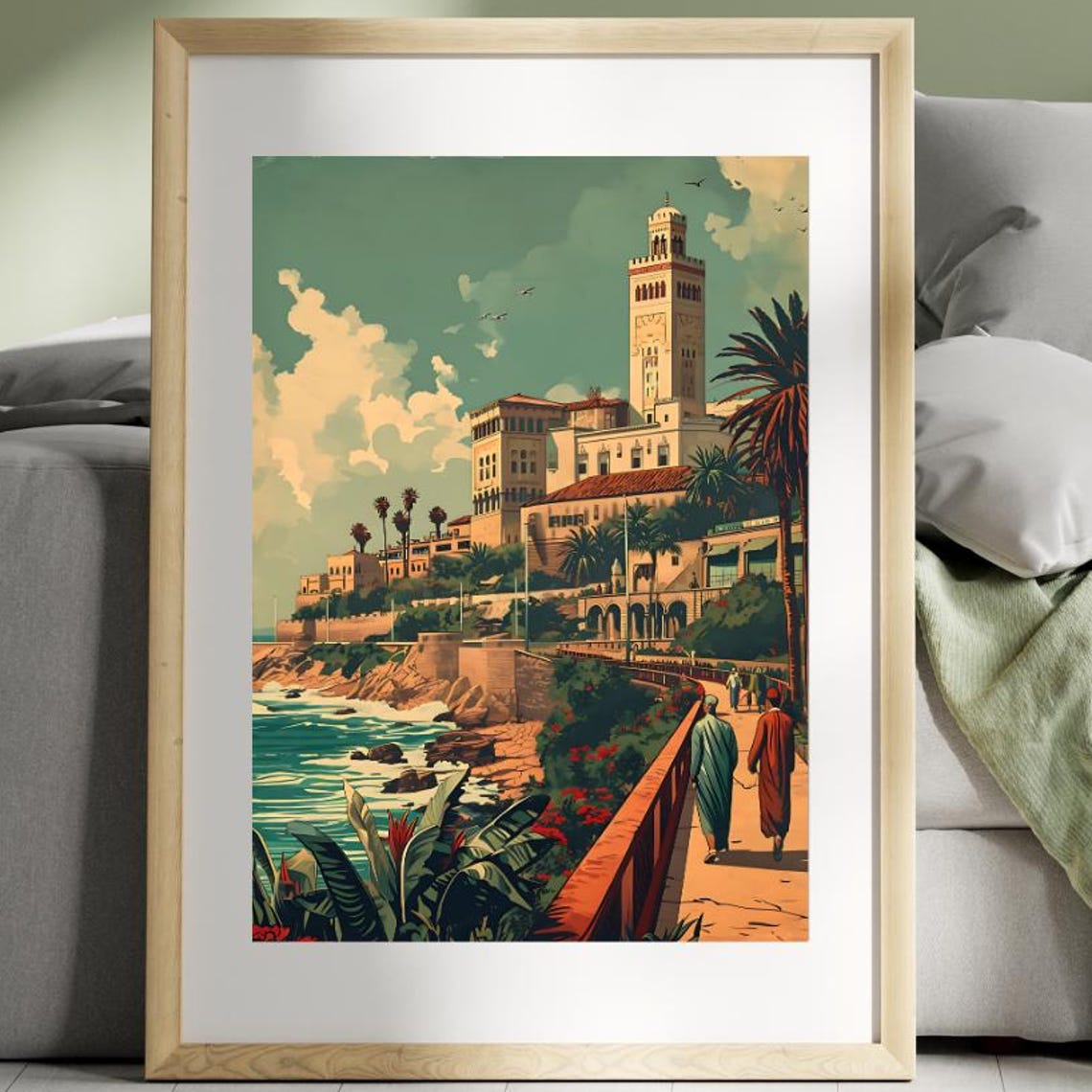 Casablanca Morocco Mosque Seaside Retro Vintage Travel Poster