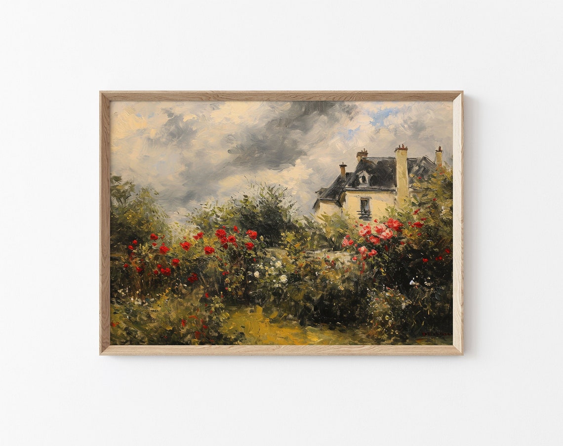 French Garden Painting Spring French Country Side Landscape Painting Farmhouse Wall Decor Monet Style Botanical Antique Oil Art
