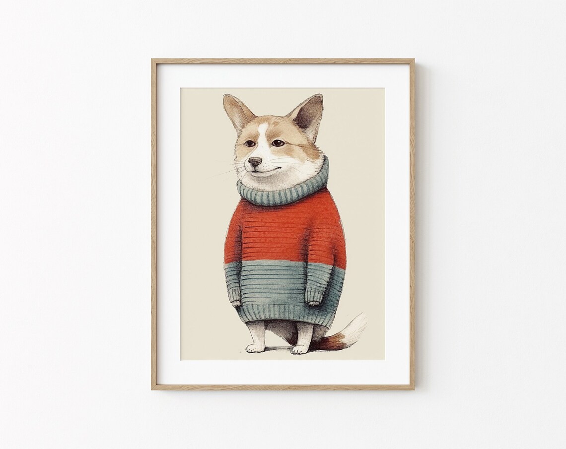 Corgi Dog Wearing Striped Sweater Funny Whimsical Pet Lover Poster