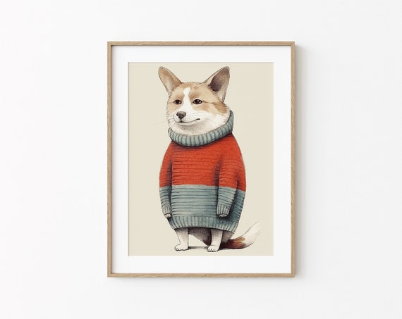 Corgi In Winter Sweater Funny Dog Decor Cute Cozy Dog Wall Art Corgi Dog Modern Poster Minimal Wall Art Hilarious Gift For Corgi Owners