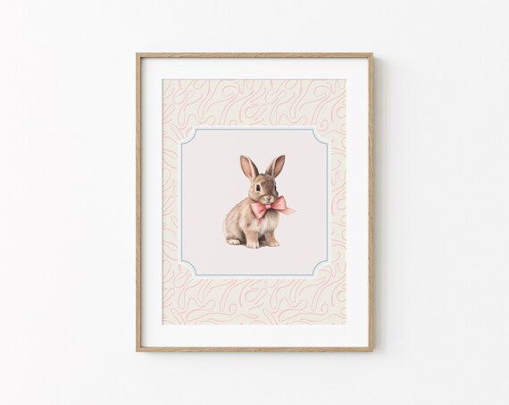 Bunny with Pink Bow Watercolor Sketch Pink Pattern Border Nursery Art Poster