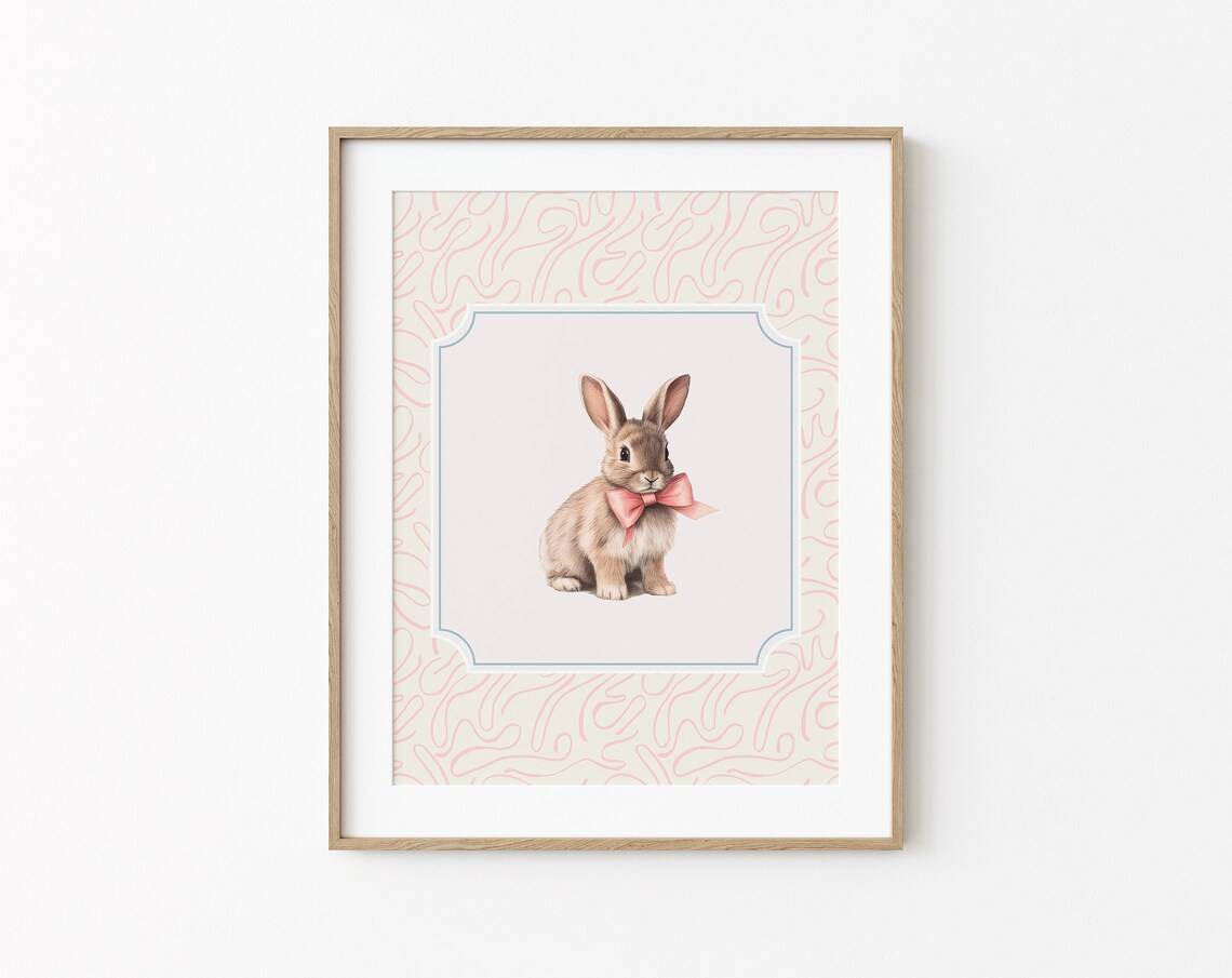 Bunny with Pink Bow Watercolor Sketch Pink Pattern Border Nursery Art Poster