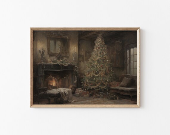 Rustic Christmas Painting Moody Xmas Wall Art Christmas Wall Decoration Vintage Art Dark Academia Christmas Tree Print