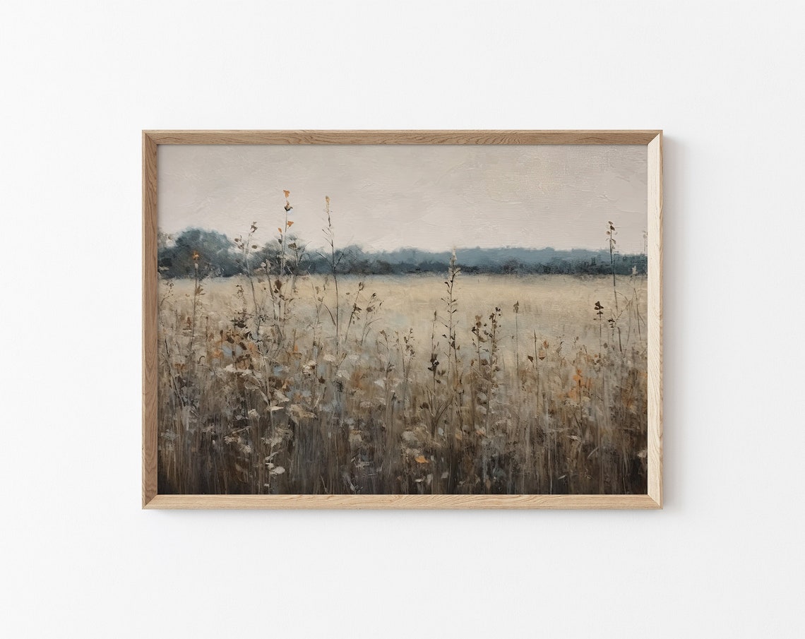 Wildflower Field Landscape Oil Painting Vintage Landscape Art Print Country Field Wall Art Minimal Landscape Oil Painting