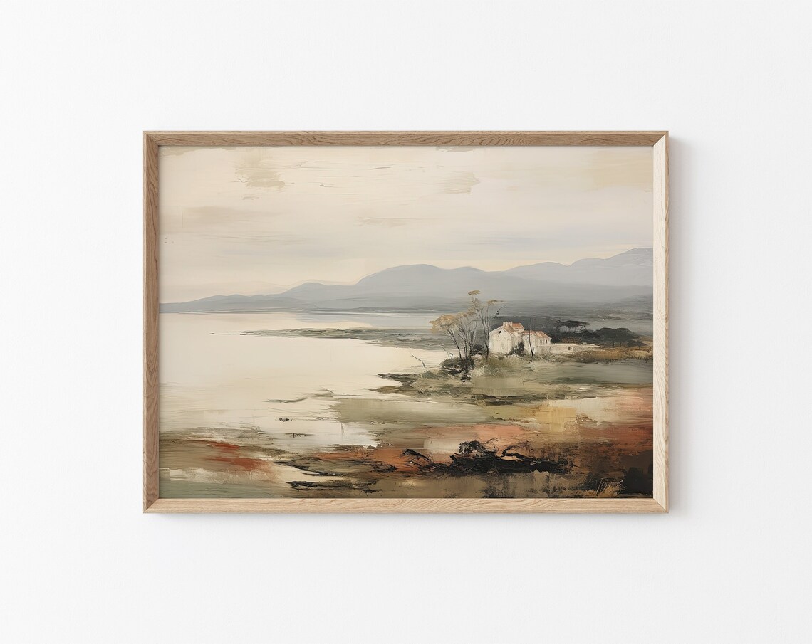 Muted Coastal Landscape Soft Tonal Lakeside Houses Vintage Poster