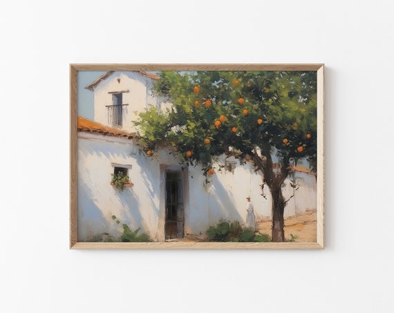 Vintage Spanish House Painting Orange Tree Painting Antique Spanish Painting Kitchen Wall Decor Spanish House And Orange Tree