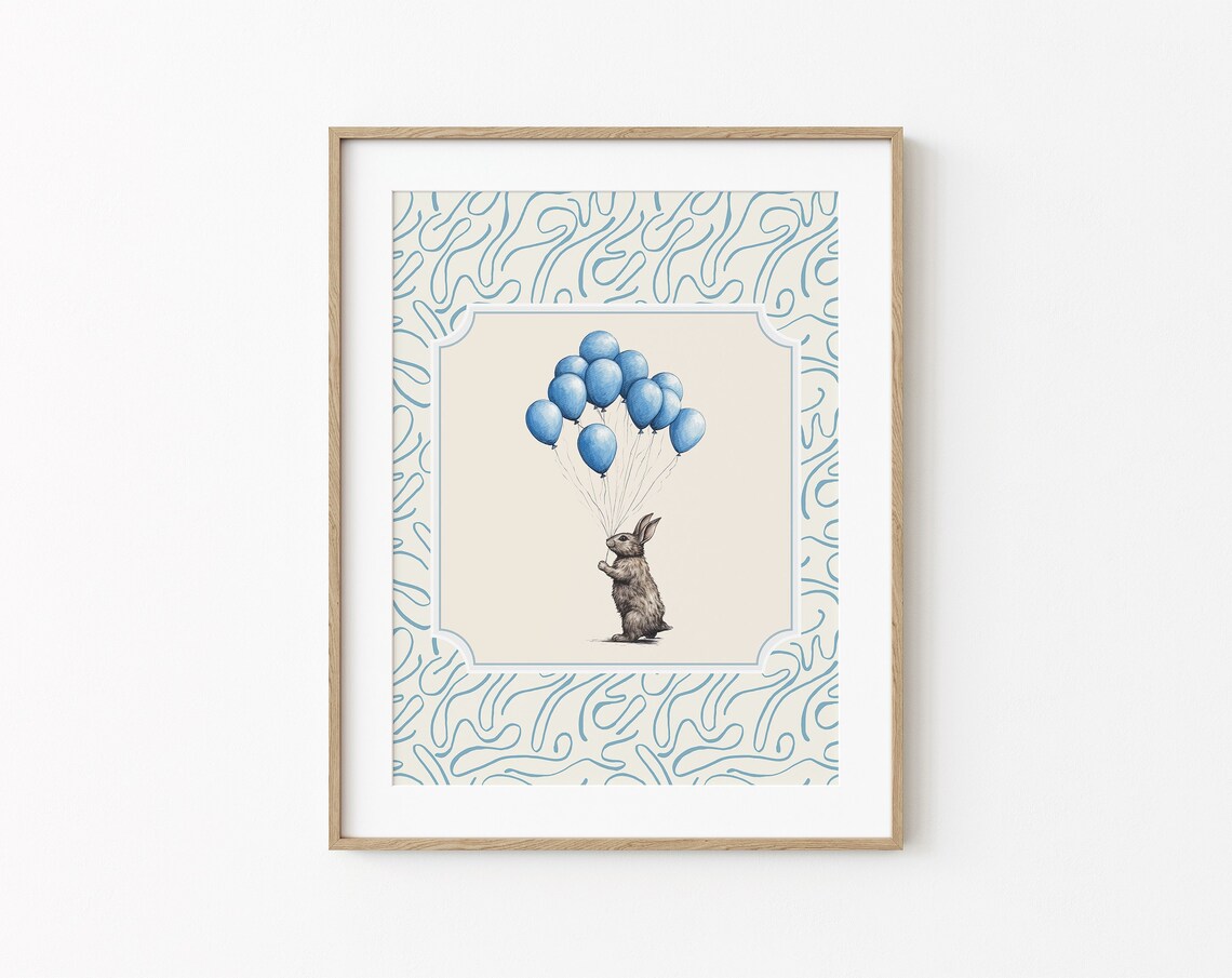 Bunny Holding Blue Balloons Sketch Blue Pattern Border Baby Room Art Poster