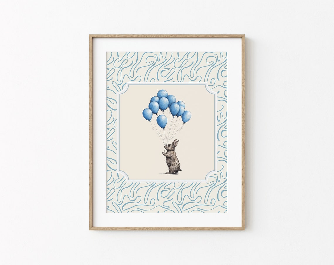 Rabbit And Balloons Wall Decor Cute Bunny Room Art Whimsical Baby Boy Room Wall Art Minimal Rabbit Pencil Illustration Drawing
