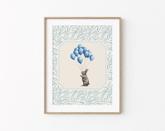 Bunny Holding Blue Balloons Sketch Blue Pattern Border Baby Room Art Poster