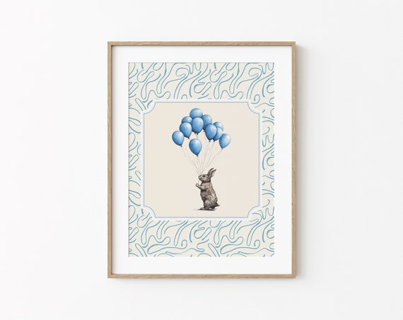 Rabbit And Balloons Wall Decor Cute Bunny Room Art Whimsical Baby Boy Room Wall Art Minimal Rabbit Pencil Illustration Drawing