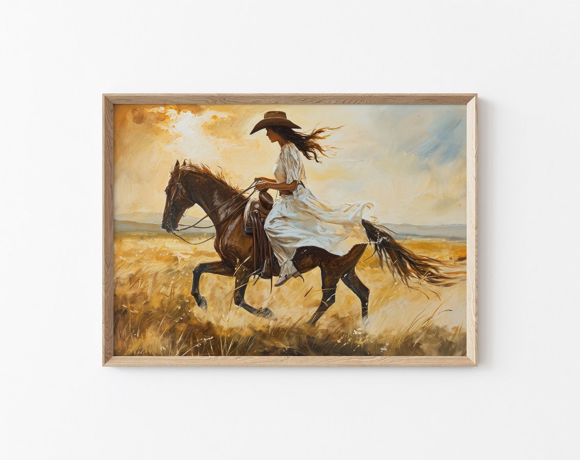 Cowgirl Riding Her Horse Painting Rustic Southwestern Art Woman Feminine Wall Decor Western Animal Landscape America