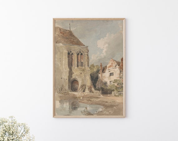 Vintage Church And House Print Old Church In Europe Painting Neutral Muted Tone Wall Decor Watercolor Antique